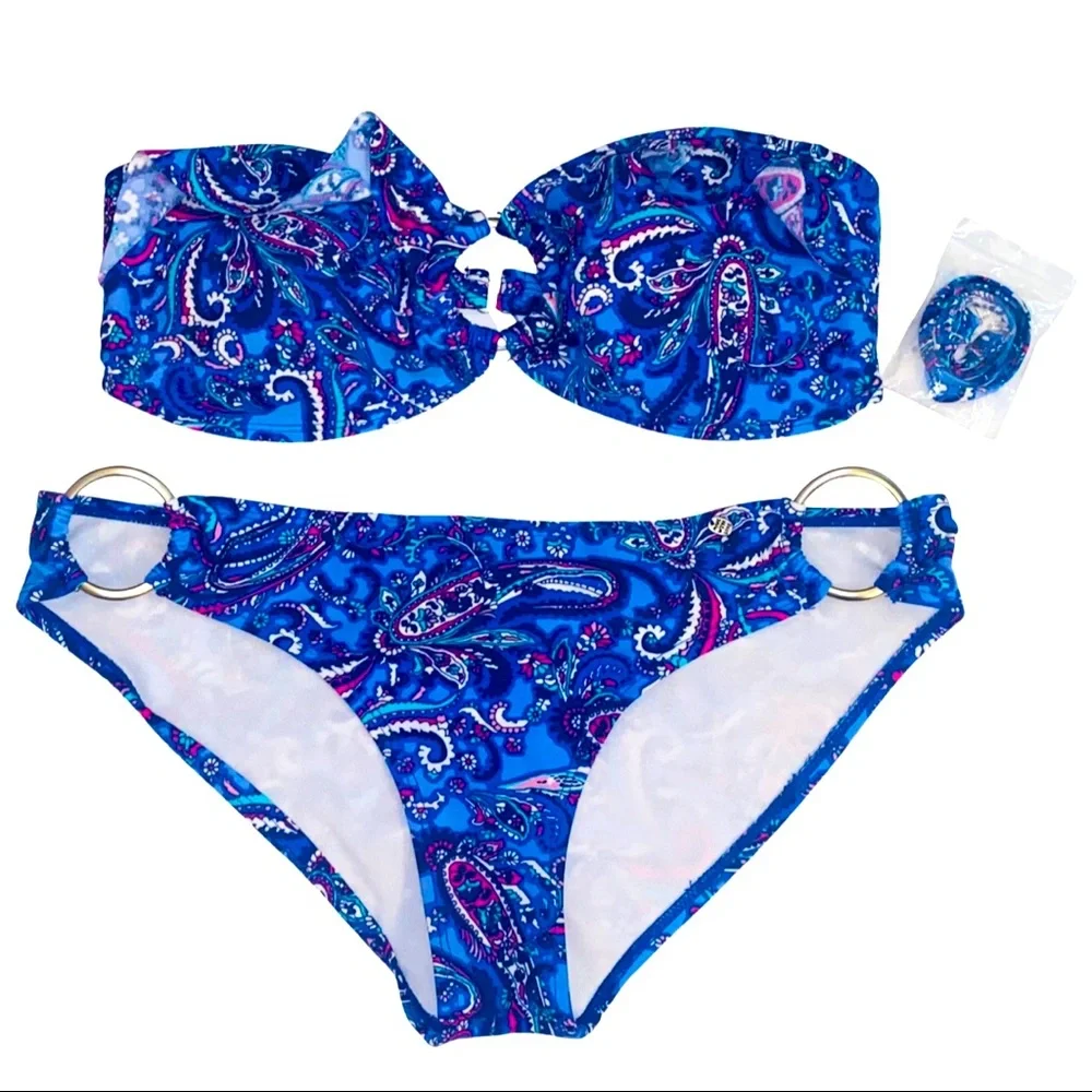 Kirra Swim | Blue & Pink Paisley Keyhole Boho Ruffled Bandeau Bikini | Size L - Picture 1 of 5